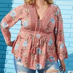 Womens Torrid Plus Blush Pink Floral Boho Baby Doll Lace V Neck Blouse